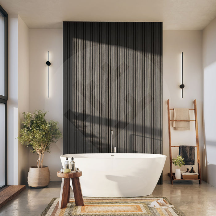 Black wall panels with bath tub.