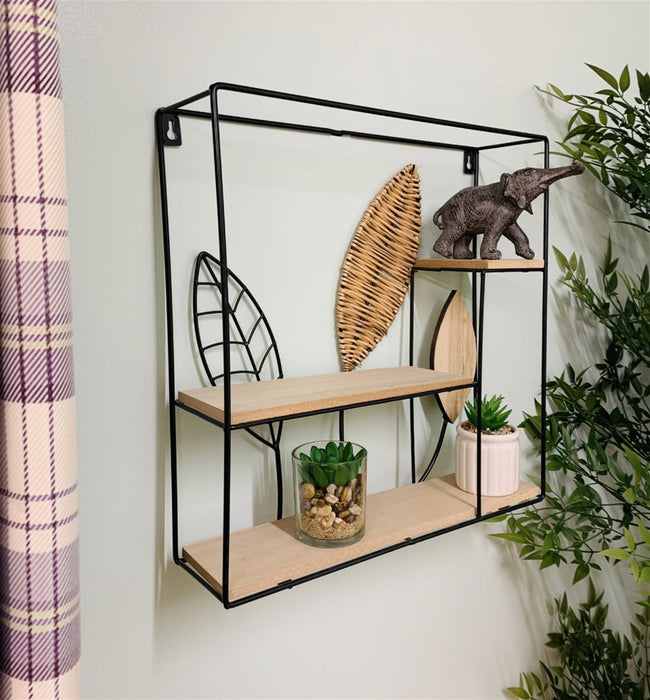 Black | Metal Frame Square Rattan Leaf Shelf Unit