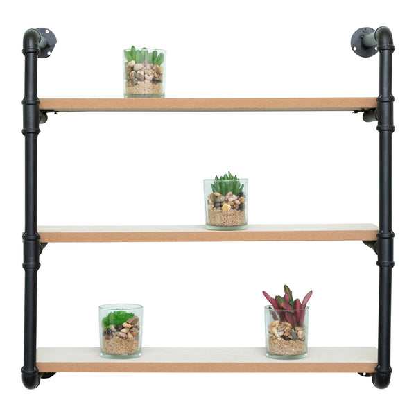 Black | Industrial Pipe with Three Wooden Shelves