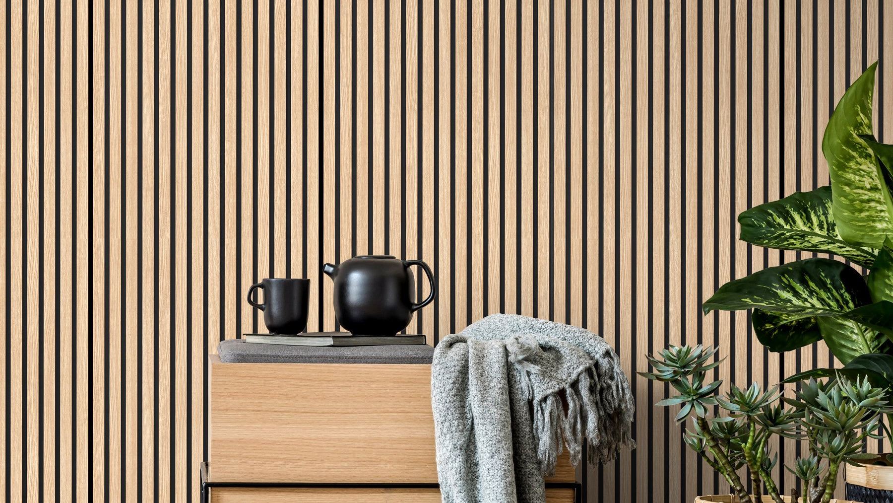 Neutral interior spaces using wooden wall panelling