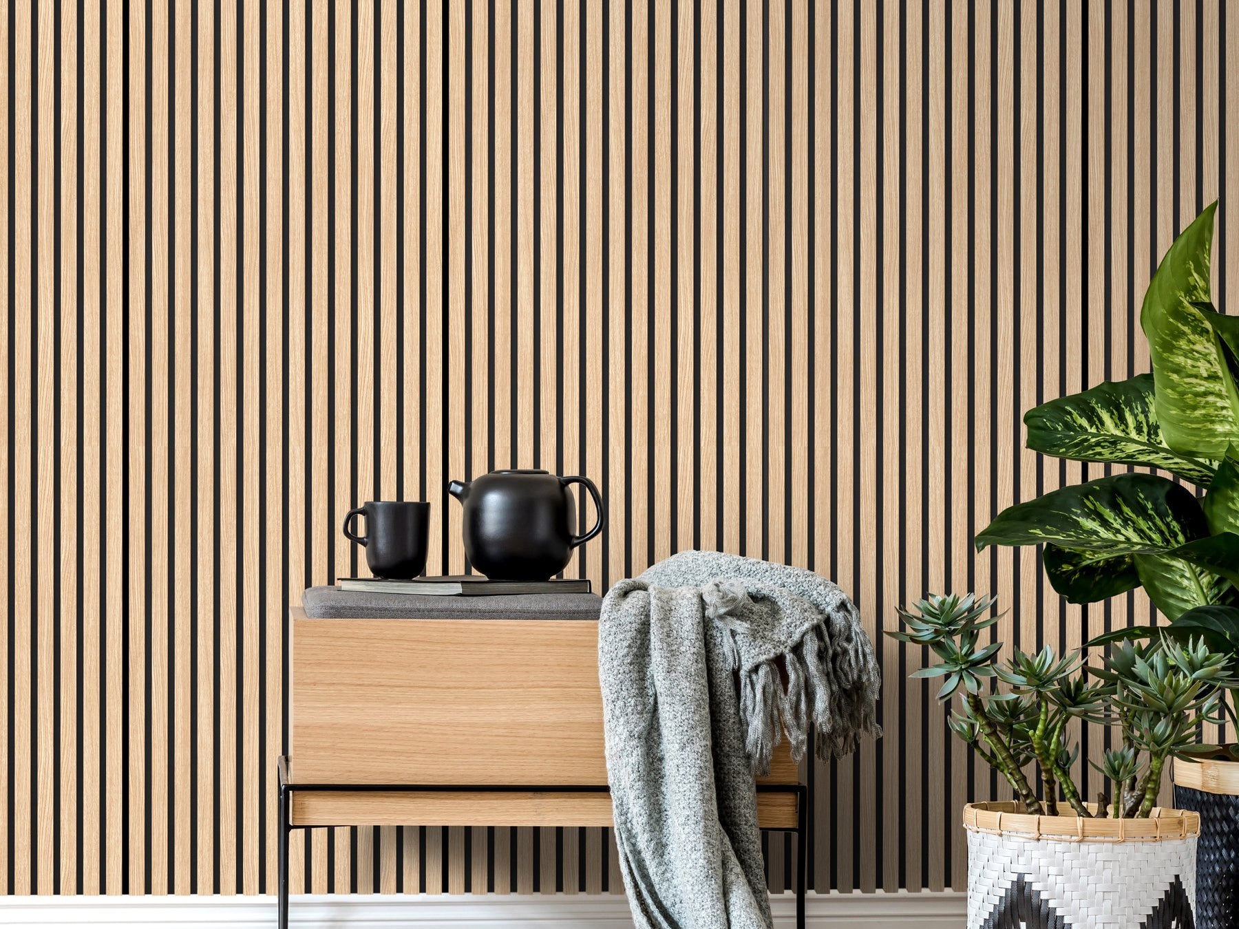 Neutral interior spaces using wooden wall panelling