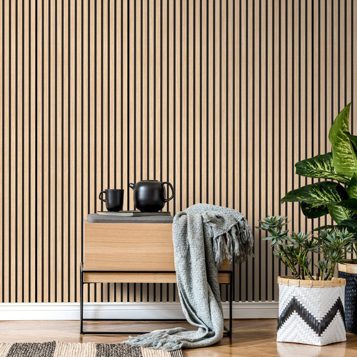Neutral interior spaces using wooden wall panelling