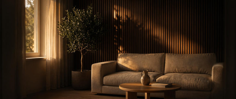 Acoustic wood slat wall panels installed on a feature wall in a residential interior