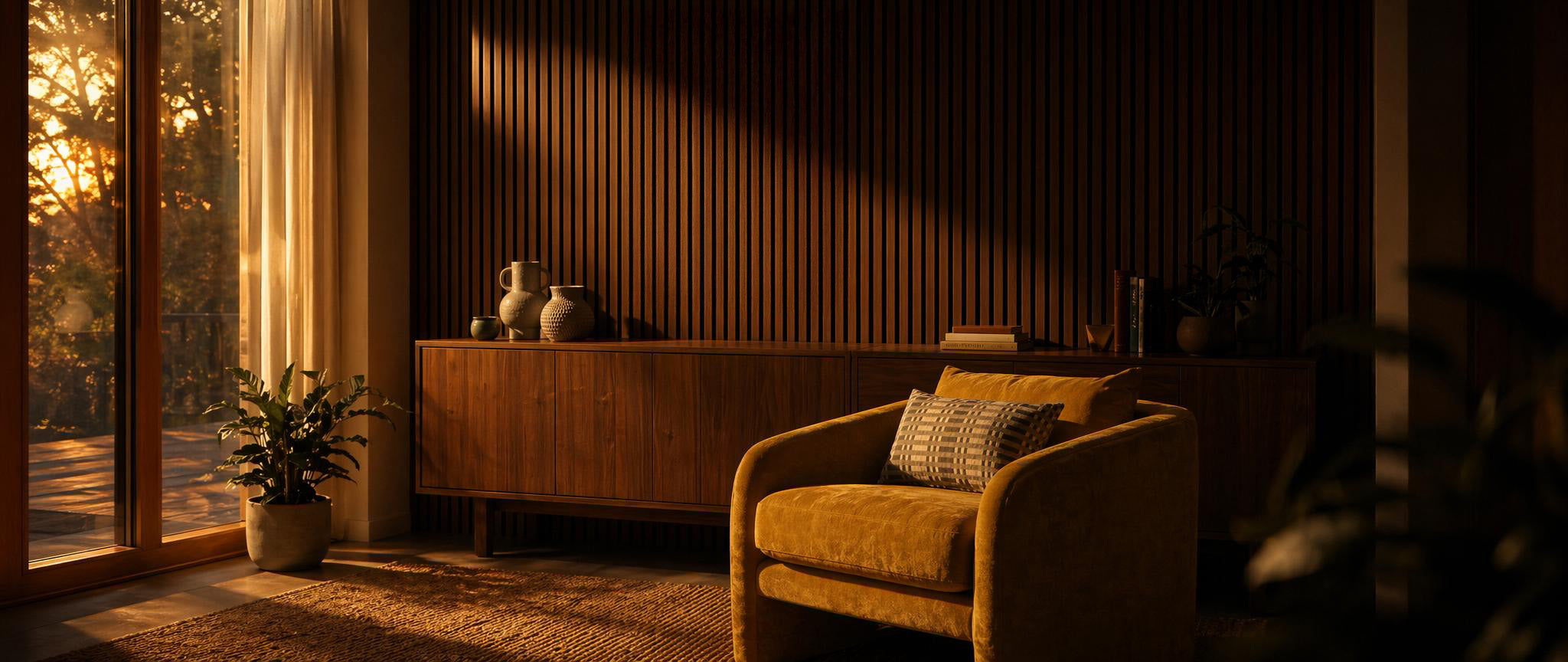 Acupanel® acoustic slat wall panels in oak finish installed across a feature wall