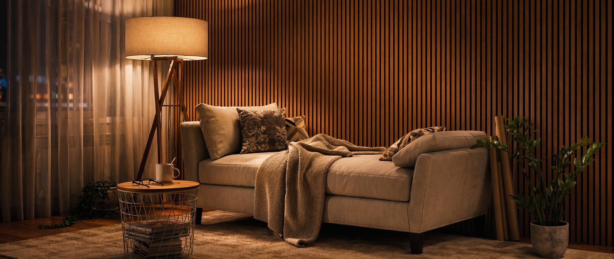 Vertical decorative slat wood panels mounted on a contemporary feature wall