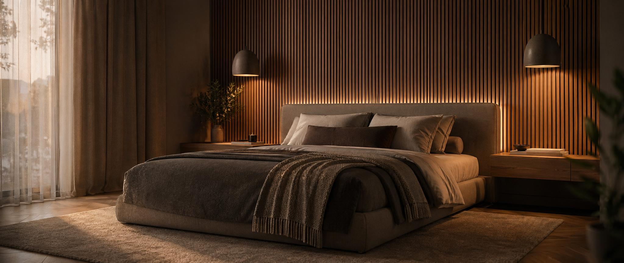 Wood wall panels installed behind a bed as a feature headboard wall