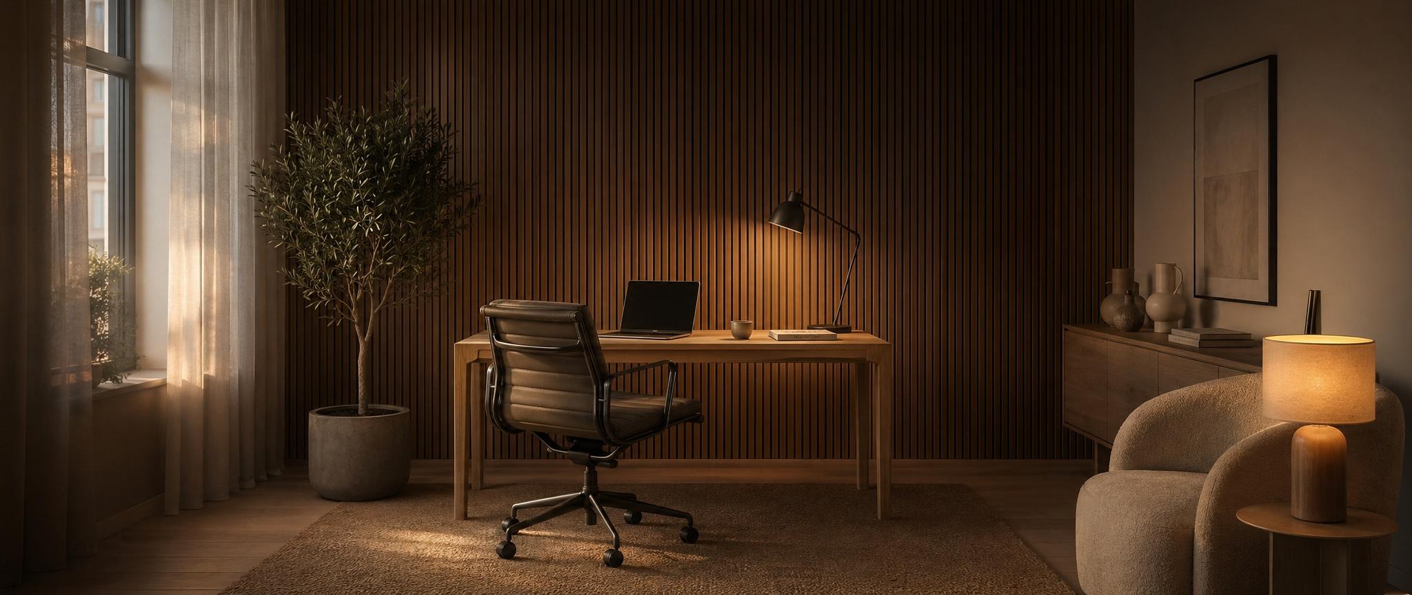 American walnut wood wall panels in dark grain installed on a feature wall
