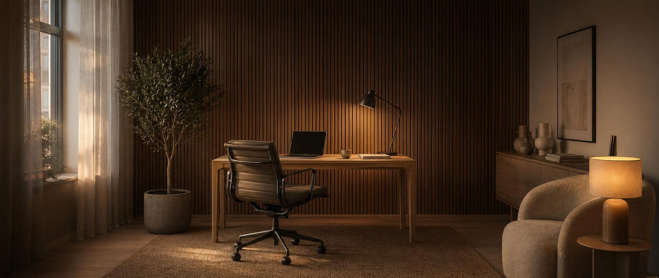 American walnut wood wall panels in dark grain installed on a feature wall