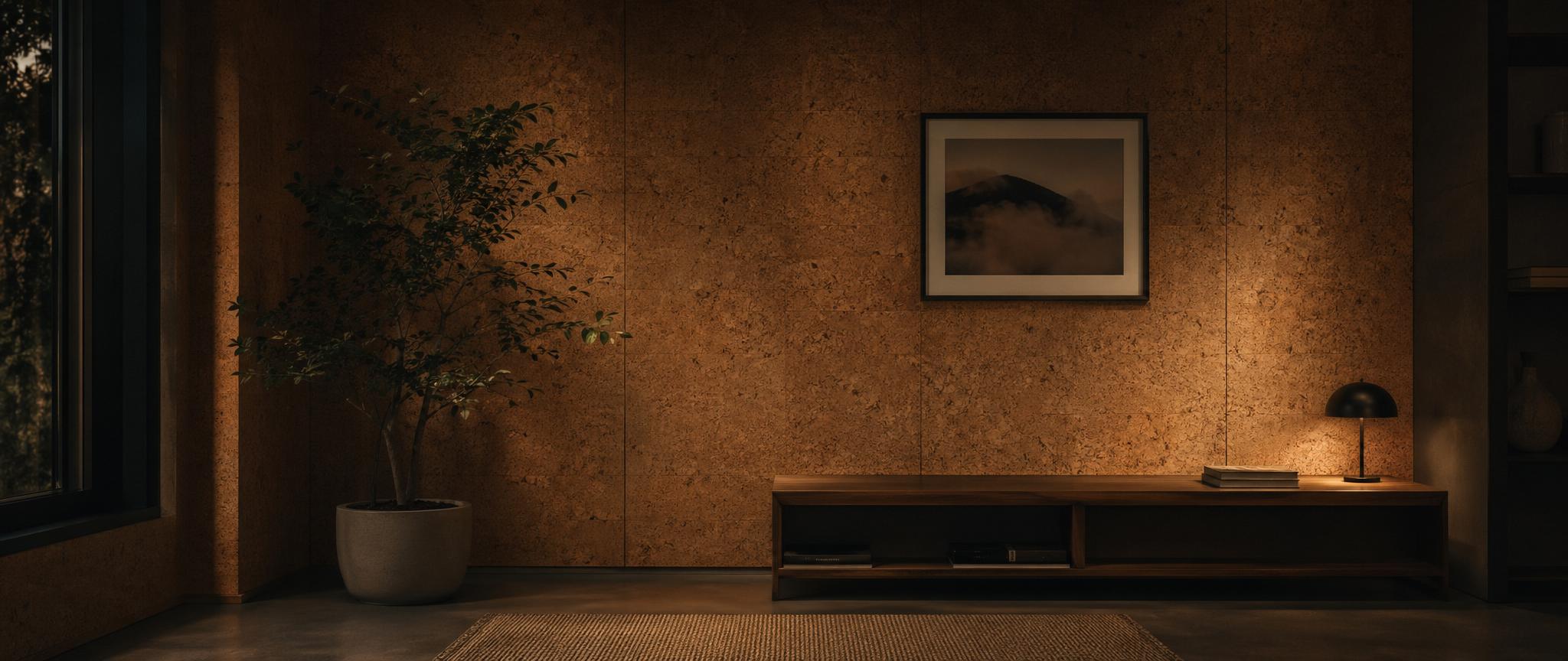 Natural cork wall panels with textured surface installed on a feature wall