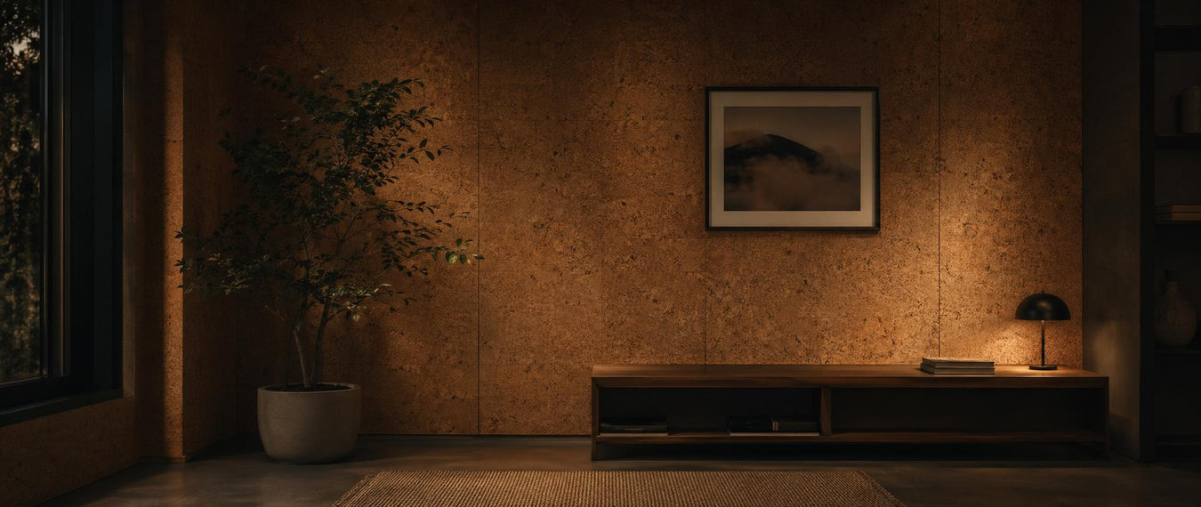 Natural cork wall panels with textured surface installed on a feature wall