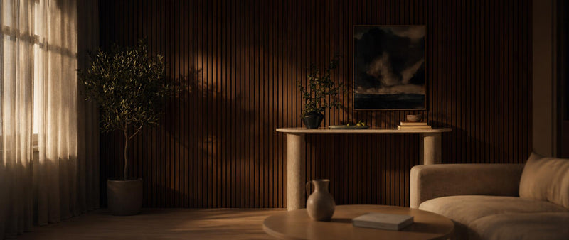 Drew & Jonathan Home™ acoustic slat wall panels in grainmatch oak