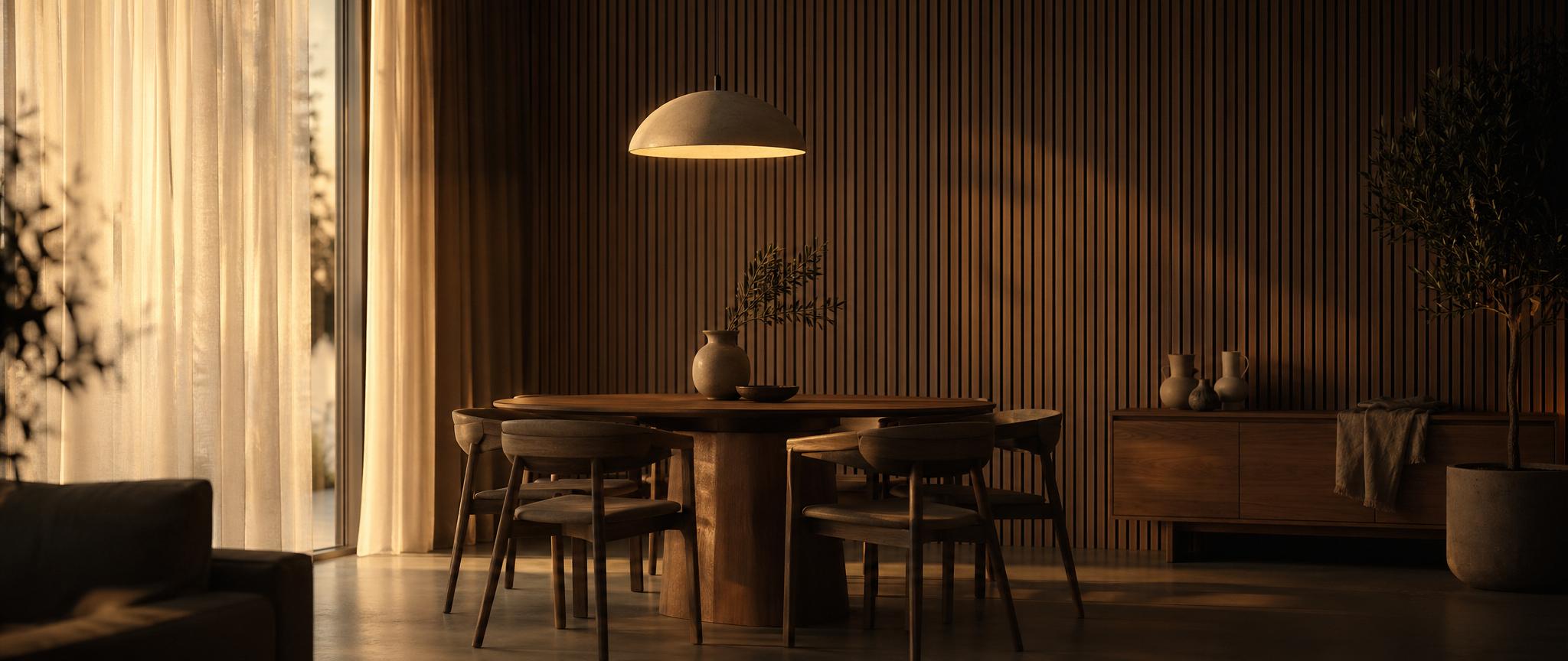 Wood wall panels installed in a dining room behind a styled table
