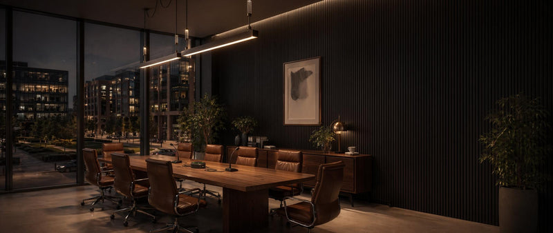 Fire-rated acoustic wall panels in real wood slat finish for commercial spaces