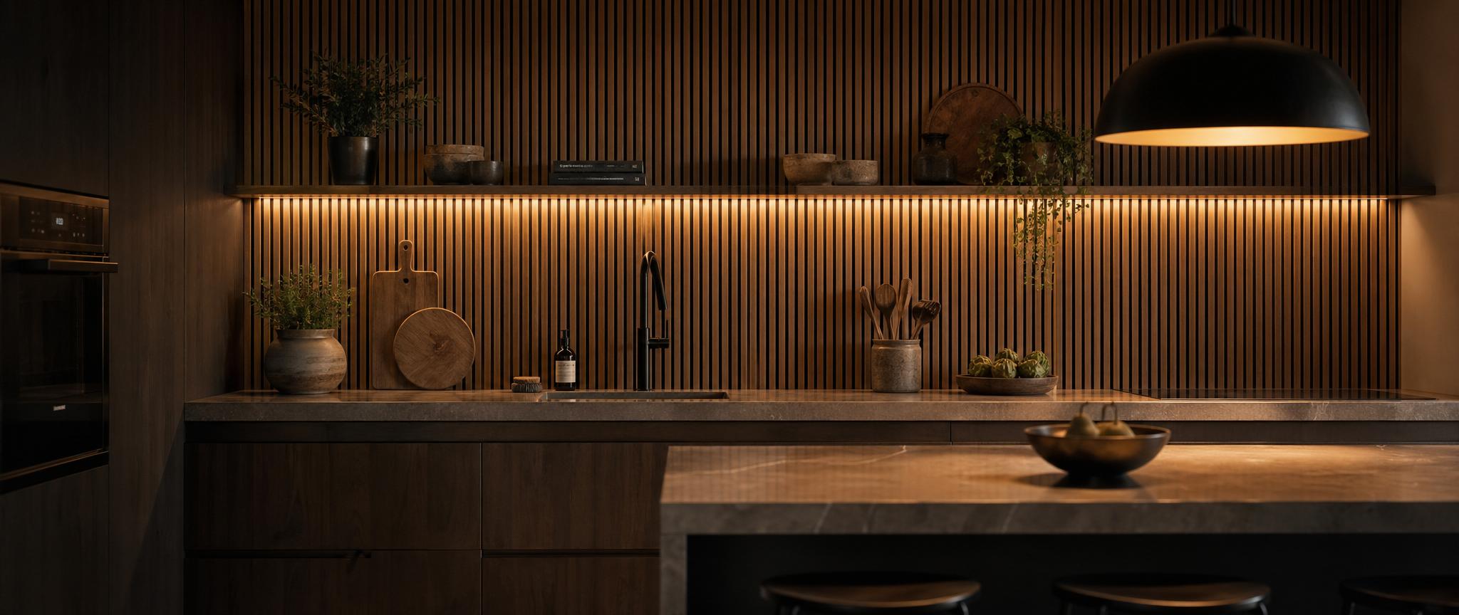 Wood panelling installed in a kitchen as a feature splashback wall