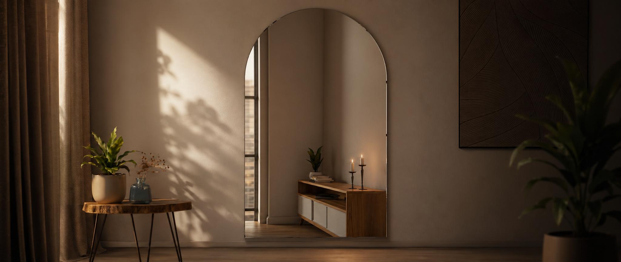 WVH® designer mirrors in arch and rectangular metal-frame profiles leaning against a wall