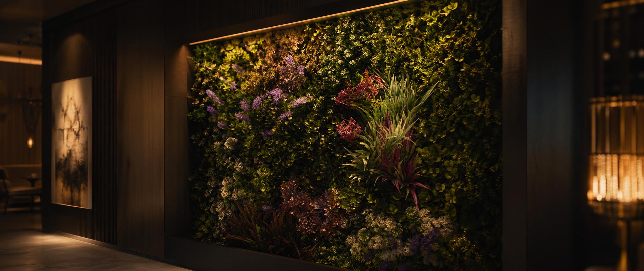 Artificial green wall panels in mixed foliage installed on a vertical feature wall