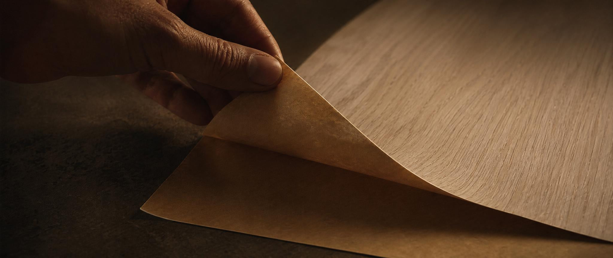 Peel and stick wood veneer edging strips applied to a cabinet edge