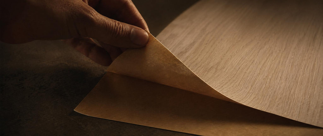 Peel and stick wood veneer edging strips applied to a cabinet edge