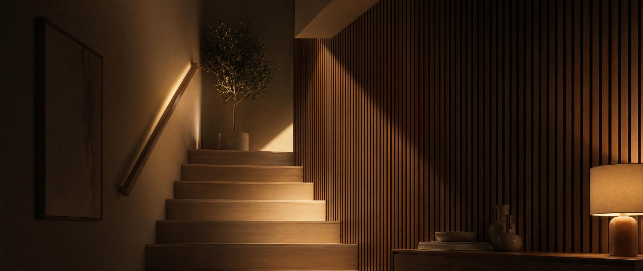 Wood wall panelling running alongside a staircase in a residential interior