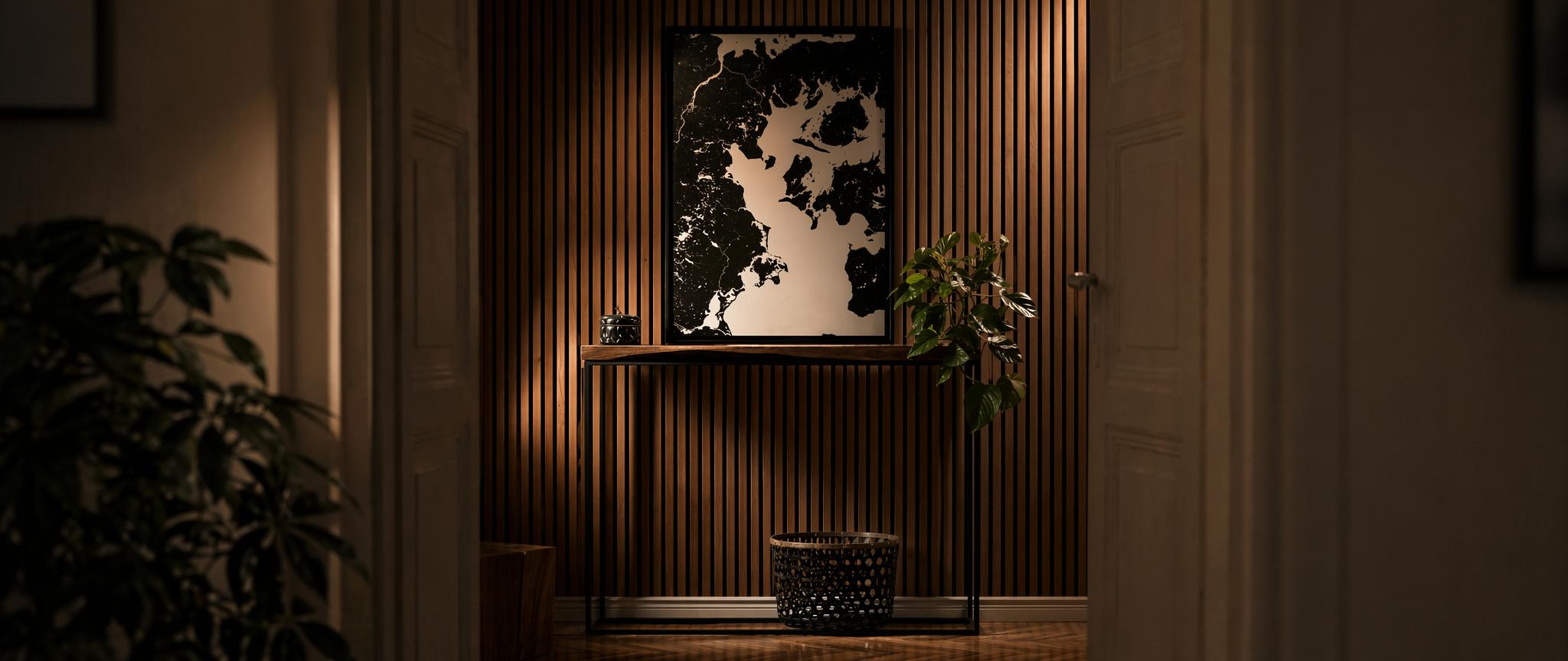 Wood wall panelling running along a hallway corridor in a residential home