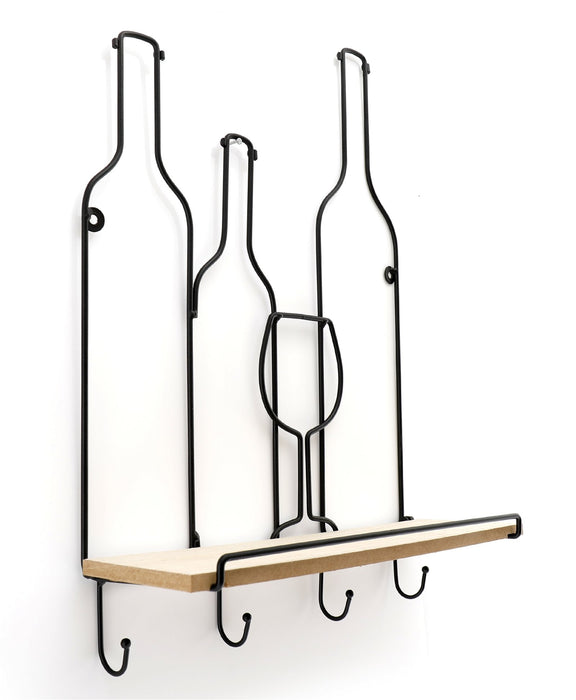 Black | Wire Wine Bottle Design Shelf with Hooks