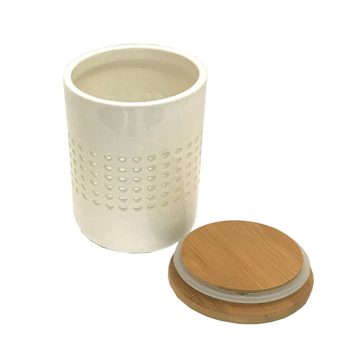 White Ceramic | Heart Cut Out Storage Canister With Wood Lid