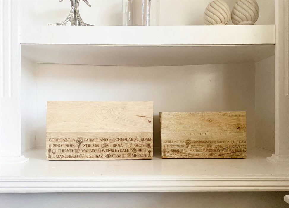 Wood Engraved | Cheese & Wine Word Set of Two Crates