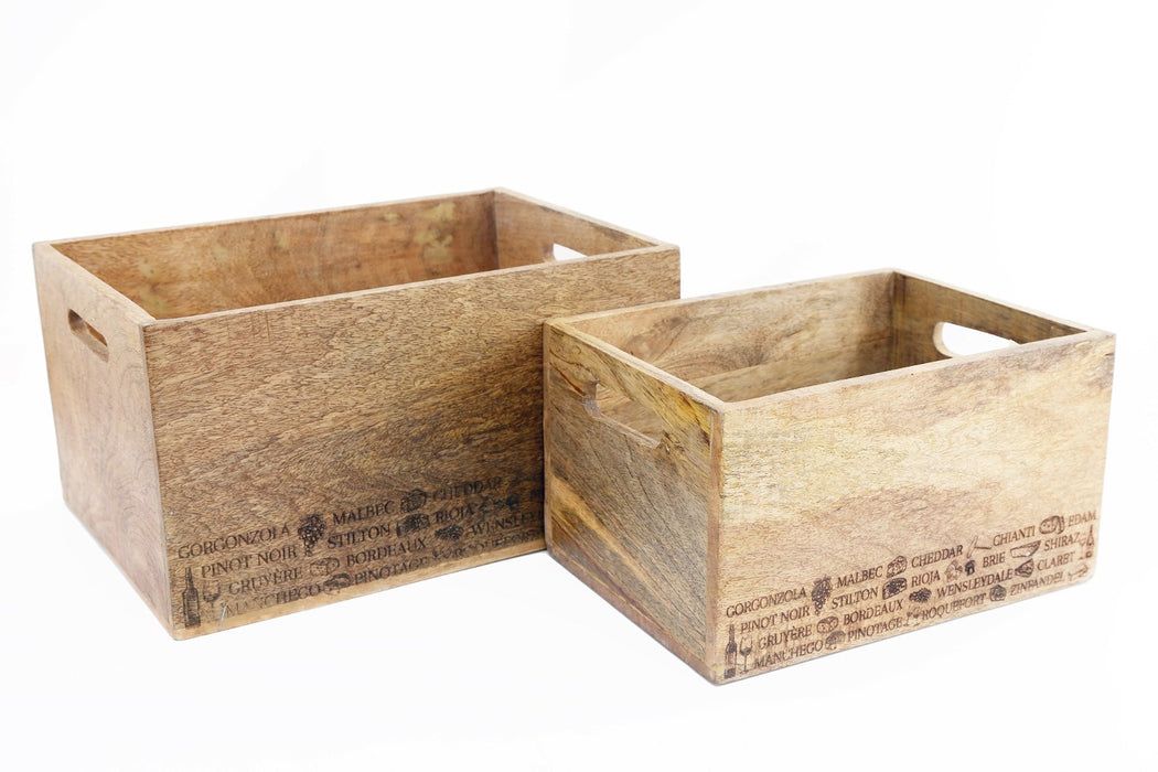 Wood Engraved | Cheese & Wine Word Set of Two Crates
