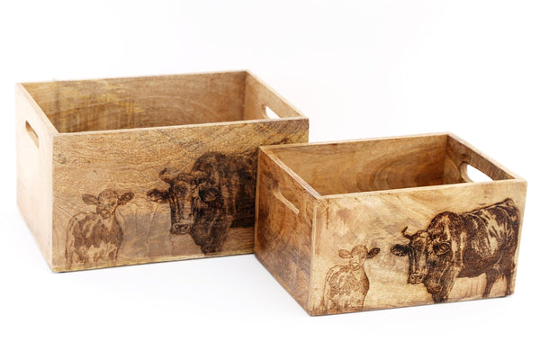 Wood | Set Of Two Engraved Cow Crates