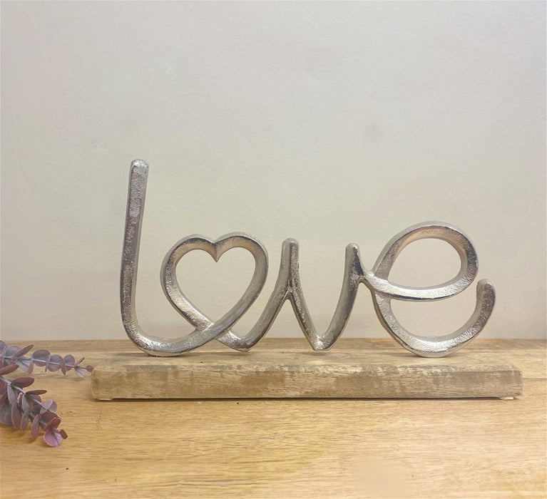 Silver | Love Ornament On A Wooden Base