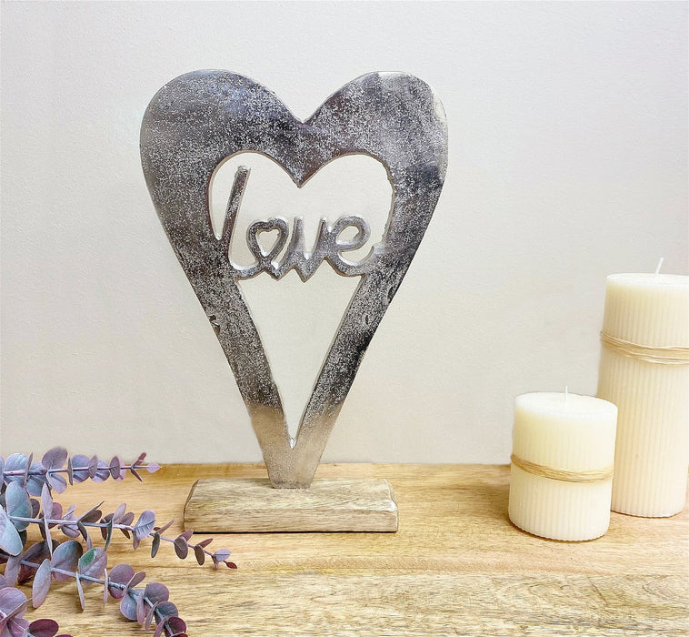 Silver | Heart Love On A Wooden Base