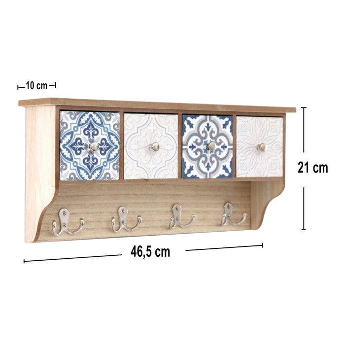 Blue Wood | Wall Shelf With Four Drawers & Hooks
